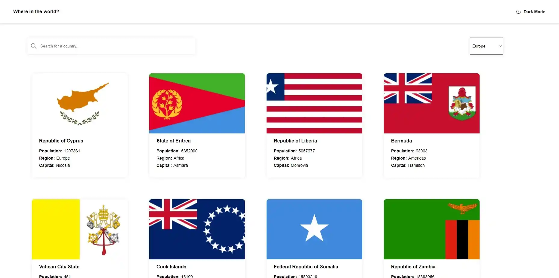 Capture d'écran du projet RESTful Nations